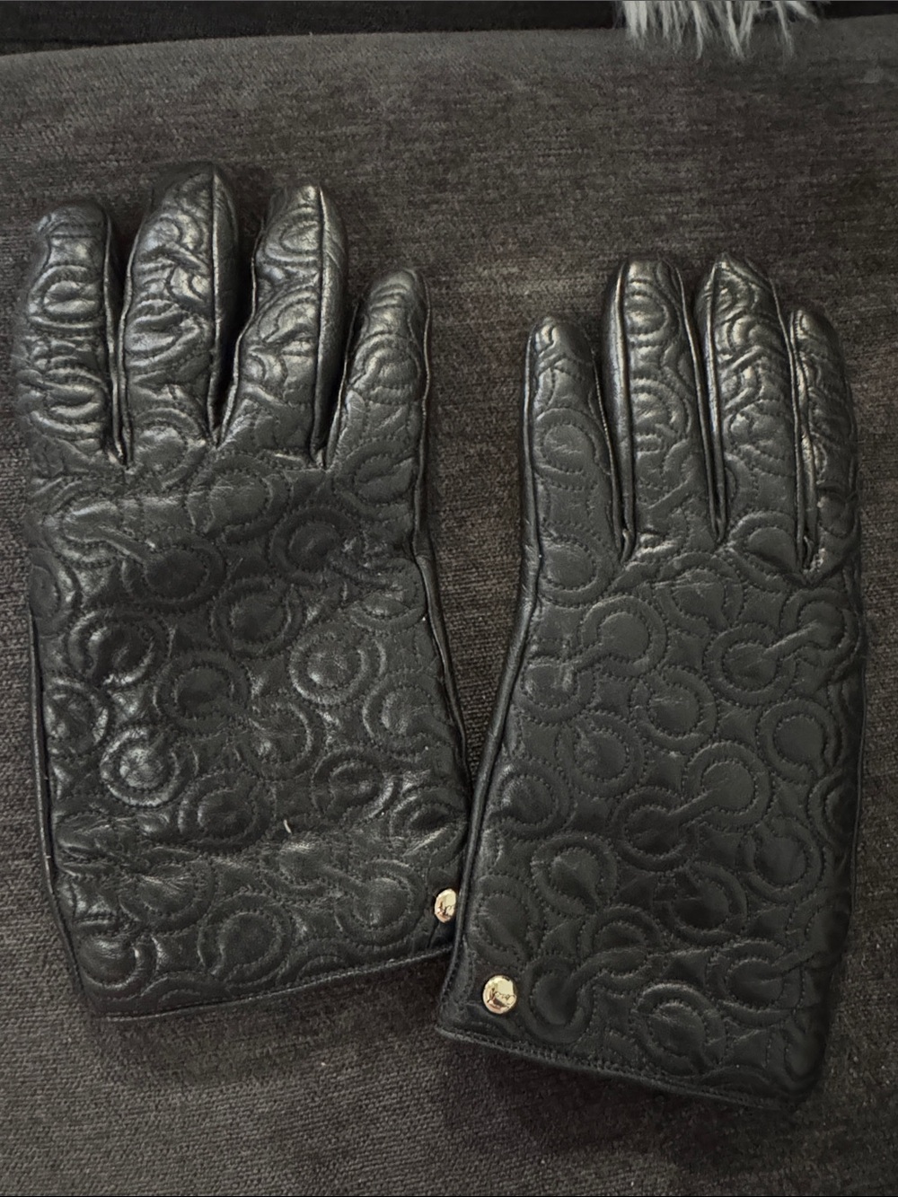 Coach Black Quilted Leather Gloves with Gold Button(12)